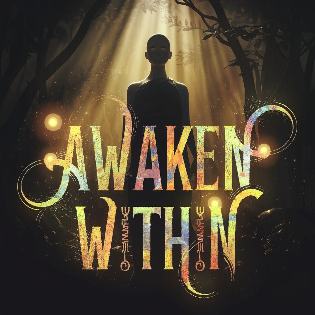 A striking 3D render of a dark fantasy scene where a serene figure stands in a dense, shadowy forest. Rays of golden sunlight pierce through the thick canopy, casting a warm glow on the figure whose eyes are closed in tranquility. "Awaken Within" is spelled out in thick, colored, handwritten typography with playful flourishes and splashes of vibrant hues, arranged dynamically around the figure. Glowing orbs and ancient runes, rendered in high photo quality, surround the text, blending modern flair with vintage charm and adding depth and intrigue to the mystical and introspective atmosphere. Less
