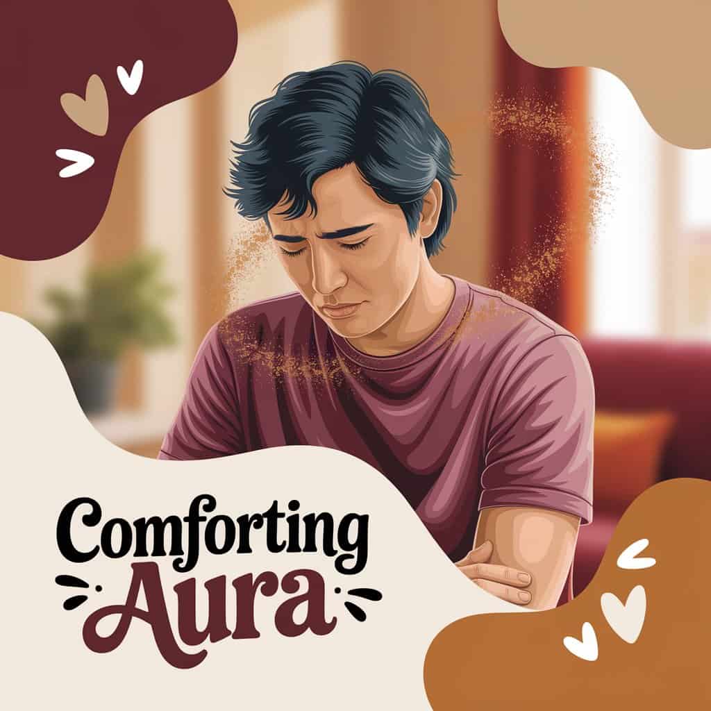 A comforting digital illustration titled "Comforting Aura" shows a slightly stressed person enveloped in a gentle swirl of golden cinnamon scent particles, depicted as a warm aura. The background is a blurred, warm-toned safe space. The text "Comforting Aura" is handwritten in dark red with playful flourishes and beige accents at the bottom left. Deep orange and soft gold color splashes enhance the comforting atmosphere, with stylized hearts and gentle light rays adding to the reassurance theme, blending realism and photo quality to emphasize spiritual comfort.