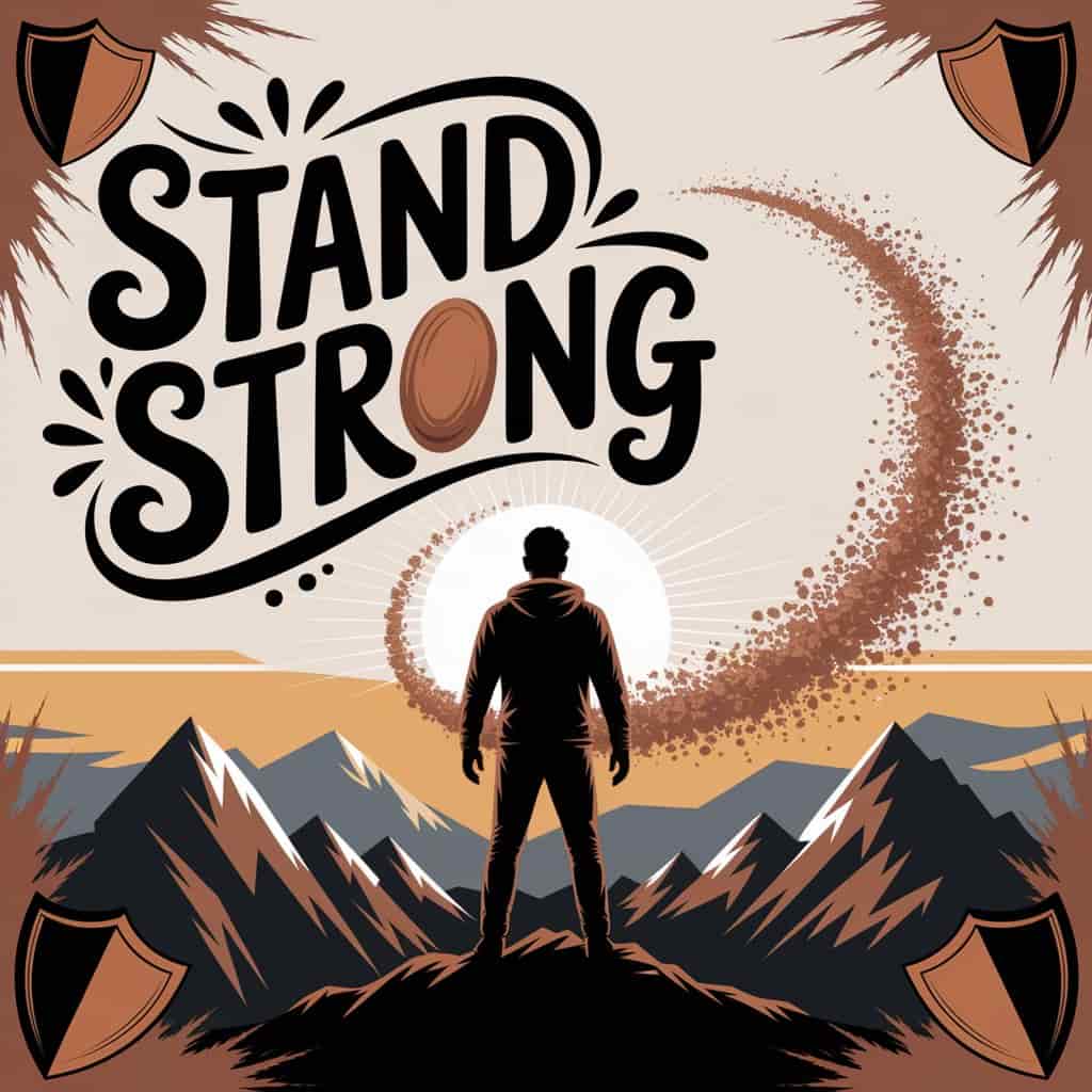 An empowering digital artwork titled "Stand Strong" shows a confident figure silhouetted on a mountaintop against a dramatic sunrise, with bronze cinnamon scent particles swirling as a protective shield. The landscape is rugged, suggesting challenges overcome. The text "Stand Strong" is handwritten in dark bronze with playful flourishes and light gold accents at the top left. Deep gold and fiery orange color splashes enhance the empowering atmosphere, with stylized shields, mountains, and dawn rays adding to the protection theme, blending strength and photo quality to emphasize cinnamon as courage source.