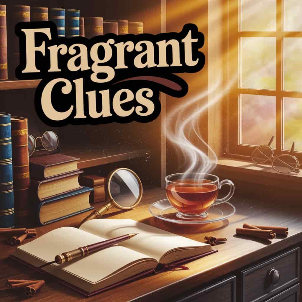 A warmly lit digital painting titled "Fragrant Clues" depicts a cozy vintage study with soft light illuminating dust motes. A steaming teacup, open journal with quill pen, and cinnamon sticks are on a wooden desk. The text "Fragrant Clues" is handwritten in dark brown with playful flourishes and cream accents at the top left. Amber and sienna color splashes enhance the nostalgic atmosphere, with old books, spectacles, and a magnifying glass adding to the vintage and discovery theme, blending charm and photo quality.