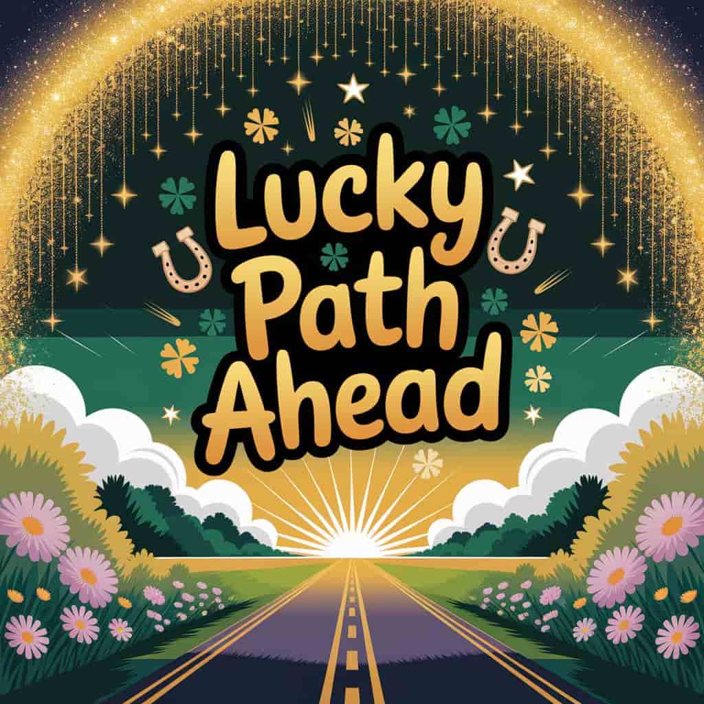 An optimistic digital illustration titled "Lucky Path Ahead" shows golden cinnamon scent dust and four-leaf clovers cascading from a sunny sky. A path opens to a radiant horizon, suggesting positive changes. The background is a cheerful daytime scene. The text "Lucky Path Ahead" is handwritten in bright green with playful flourishes and sunny yellow accents at the top center. Bright gold and lucky green color splashes enhance the optimistic atmosphere, with stylized horseshoes, shooting stars, and flowers adding to the good luck theme, blending cheerfulness and photo quality.