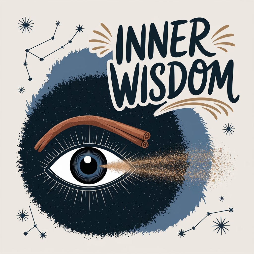 An enlightening digital artwork titled "Inner Wisdom" features a serene, stylized open eye with a cinnamon stick eyebrow and shimmering golden cinnamon scent dust emanating from the pupil like insight rays. The background is a deep, starry night sky, suggesting cosmic wisdom. The text "Inner Wisdom" is handwritten in dark indigo with playful flourishes and light gold accents at the top right. Deep blue and starlight white color splashes enhance the enlightening feel, with stylized constellations, celestial patterns, and light flares adding to the awakened intuition theme, blending serenity and photo quality.