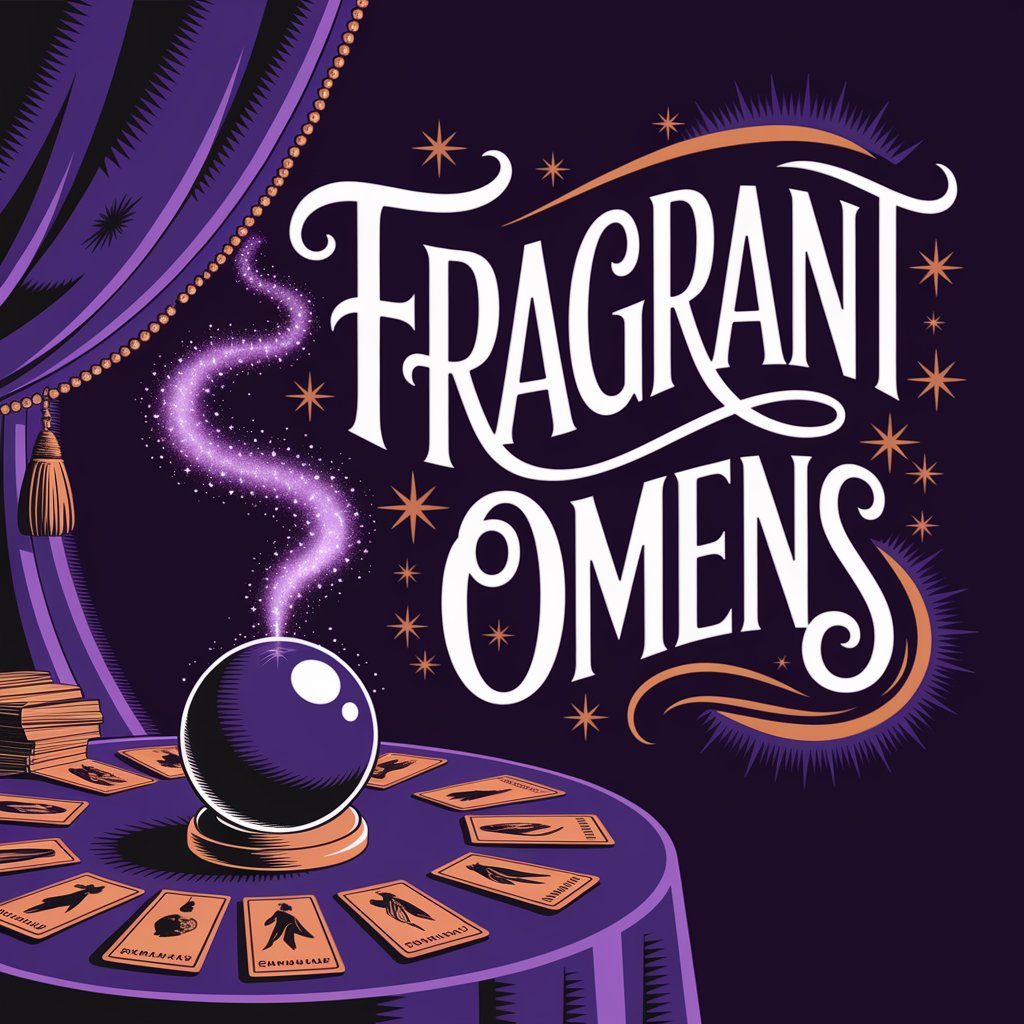 A mystical digital artwork titled "Fragrant Omens" depicts a dimly lit fortune teller's tent with incense smoke and tarot cards. Glowing cinnamon scent particles rise from a crystal ball, casting a prophetic glow. The text "Fragrant Omens" is handwritten in deep purple with playful flourishes and light gold accents at the top right. Mystical purple and glowing gold color splashes enhance the prophetic atmosphere, with stylized stars, crescent moons, and swirling smoke adding to the mystery and spiritual foresight theme, blending mystery and photo quality to emphasize cinnamon as an omen.