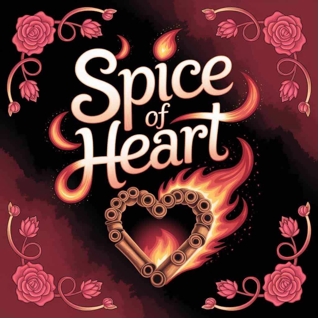 A passionate digital painting titled "Spice of Heart" shows a stylized heart of glowing cinnamon sticks, surrounded by vibrant red and orange cinnamon scent flames. The background is deep, smoky red and black, creating romance. The text "Spice of Heart" is handwritten in fiery orange with playful flourishes and warm gold accents at the top center. Deep red and burning orange color splashes enhance the passionate feel, with stylized flames, roses, and ribbons adding to the romantic fire theme, blending intensity and photo quality to emphasize cinnamon igniting passion.