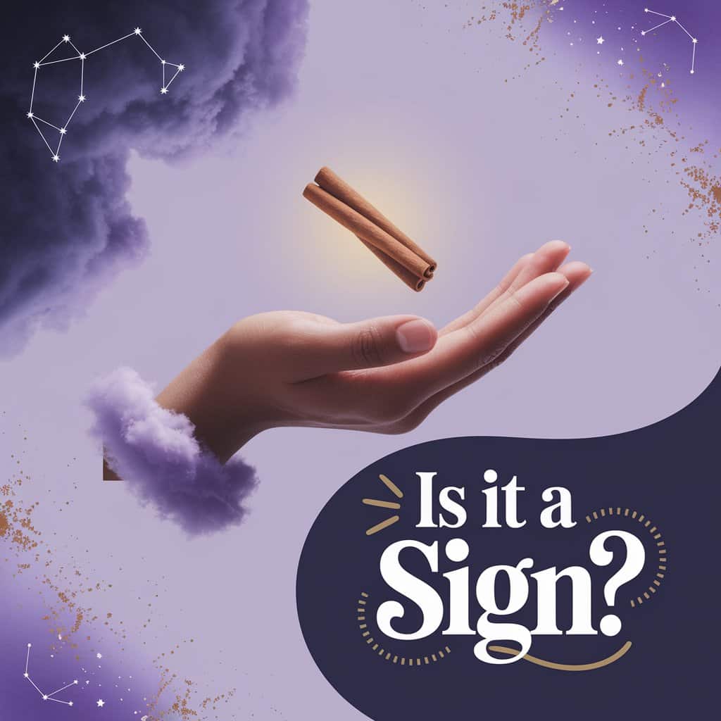 A symbolic digital artwork titled "Is it a Sign?" depicts a hand emerging from an ethereal cloud, offering a glowing cinnamon stick against an indigo and lavender gradient background. The text "Is it a Sign?" is handwritten in light gold with playful flourishes and white accents at the bottom right. Deep purple and soft gold color splashes enhance the mystical atmosphere, with faint constellations and celestial dust adding to the wonder and spiritual inquiry. The image blends surreal elements with photo quality, emphasizing the question of cinnamon as a spiritual sign.