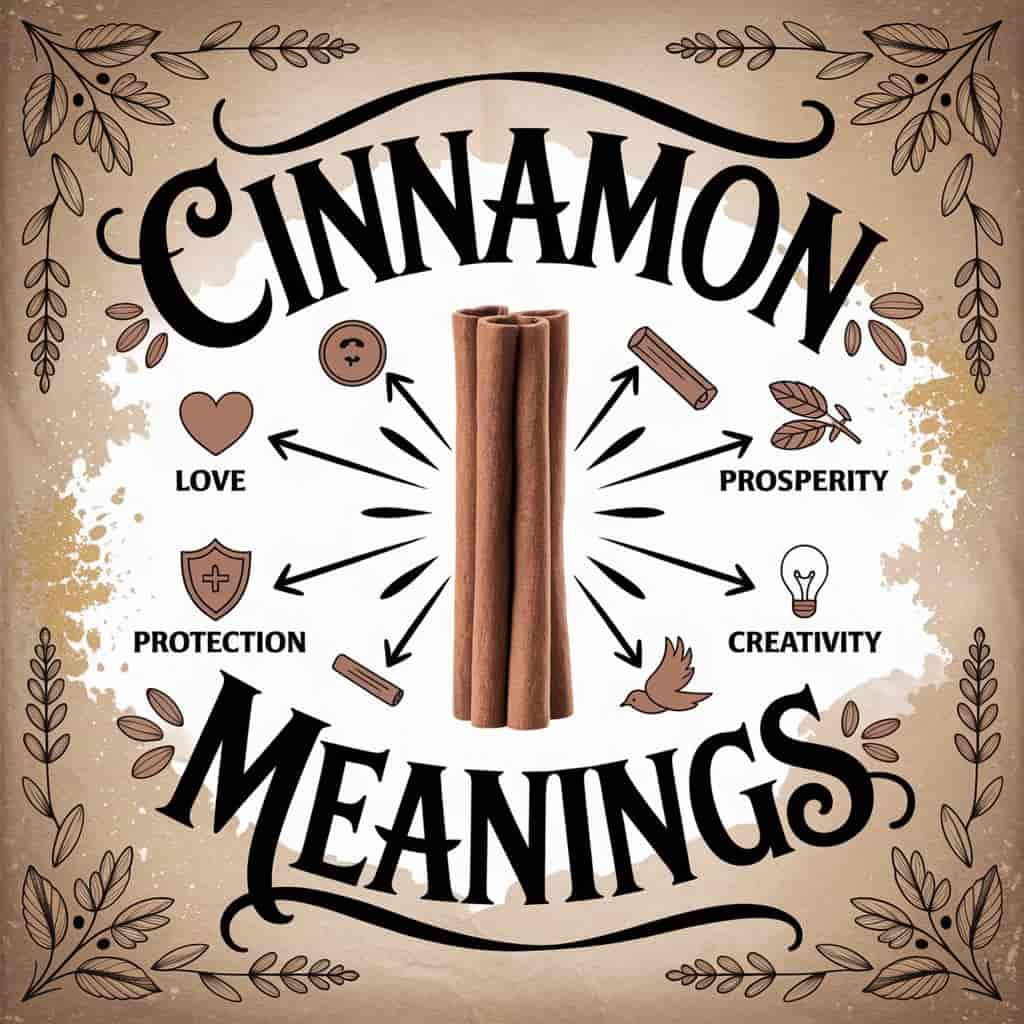 A vintage botanical chart style digital illustration titled "Spice Meanings" features a detailed cinnamon stick at the center, radiating lines branch out to smaller illustrations: a heart, coin, shield, lightbulb, dove, and open eye, representing spiritual meanings. The background is aged parchment. The text "Cinnamon Meanings" is handwritten in dark brown with playful flourishes and antique white accents at the top center. Muted earth tones and soft gold color splashes enhance the vintage botanical feel, with decorative borders, leaves, and spice details adding to the educational clarity theme, blending aesthetic and photo quality.