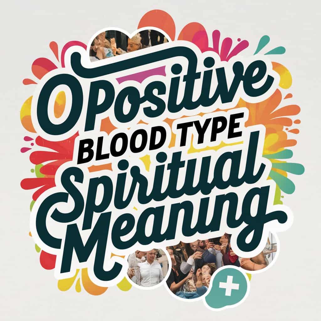 "Spiritual Meaning of O Positive Blood Type" title in vibrant, handwritten typography, featuring a whimsical cartoon scene of diverse people and positive symbols, creating an insightful and engaging image with modern flair.