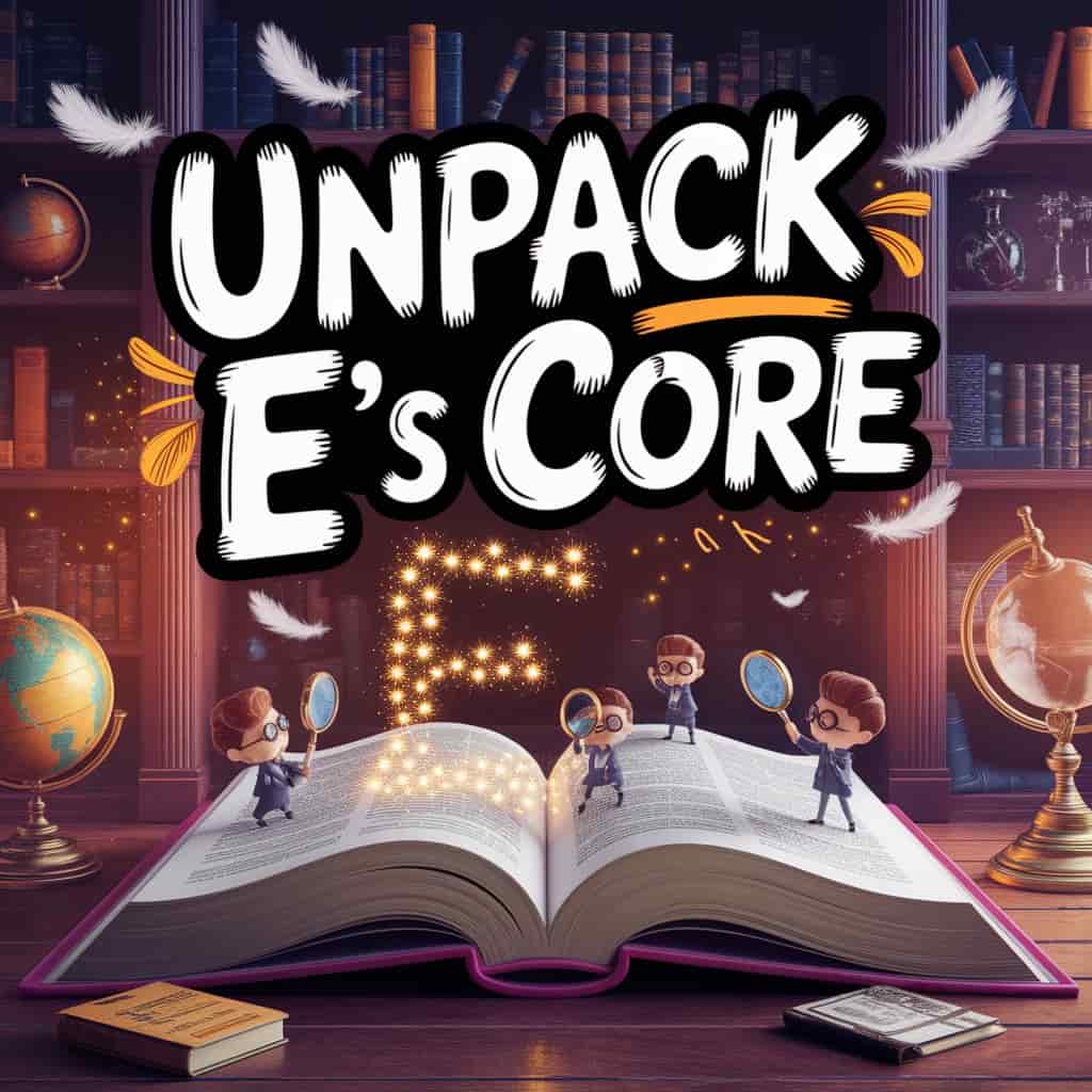 Pixar-style 3D cartoon for the section, "Spiritual Meanings and Symbolism of E" Constellations form luminous E in a giant book, explored by cartoon characters. Magical study backdrop with warm light. Playful yellow and orange typography reads "Unpack E's Core." Whimsical elements enhance the vintage-modern design, conveying discovery.