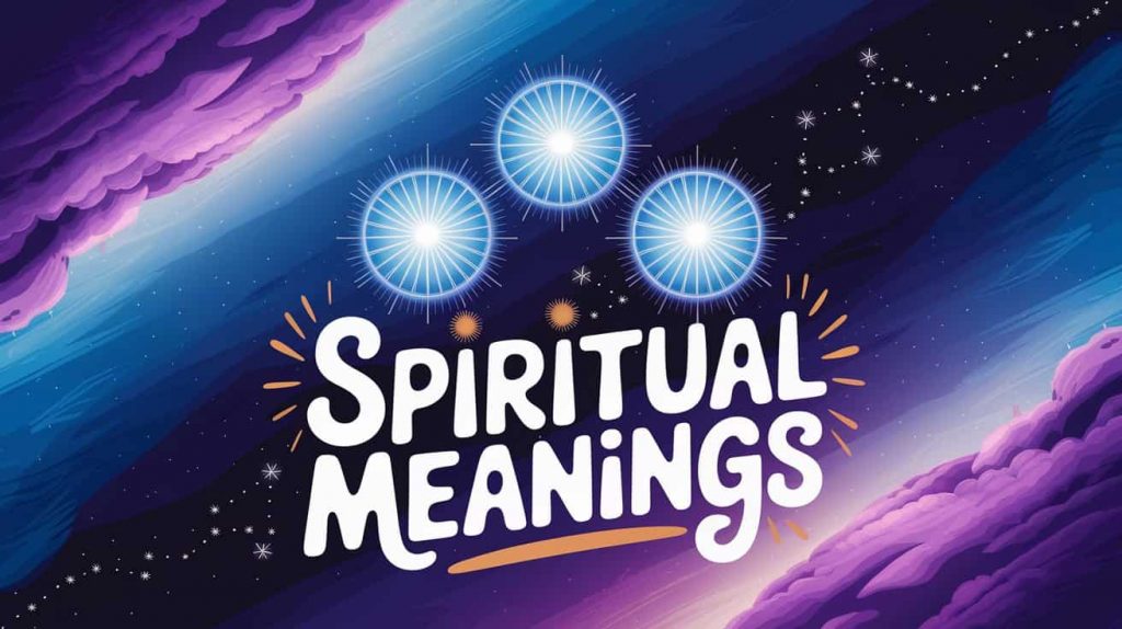 A Pixar-style 3D cartoon presents three glowing orbs symbolizing triplets, harmoniously floating amidst nebulae and constellations, subtly incorporating spiritual symbols, with the phrase "Spiritual Meaning" in playful handwritten typography below, bathed in soft light to evoke spiritual guidance.
