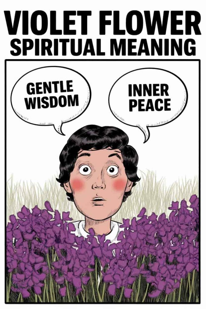 Hand-drawn newspaper comic graphic titled "Newspaper Comic Violet Flower Meaning" depicting a person with thought bubbles about violet flower symbolism in a field of violets.