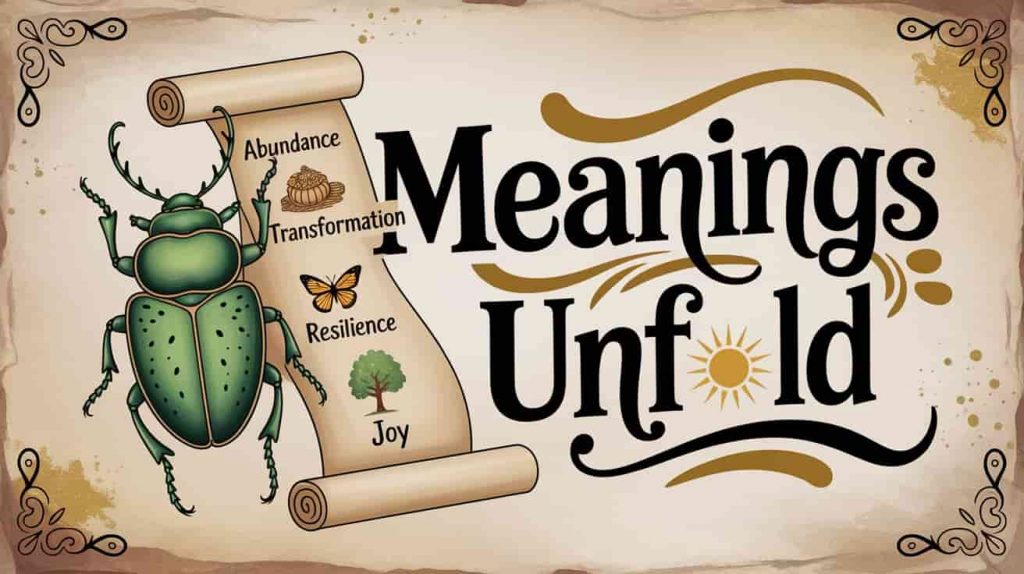 Image for Spiritual Meanings section of an article about green June beetle symbolism. A charming illustration features a green June beetle holding a scroll displaying symbols of abundance, transformation, resilience, and joy. The background resembles textured parchment paper, giving an antique feel. Handwritten text overlay "Meanings Unfold" is artistically integrated into the scene. Antique-style flourishes frame the edges, blending whimsical and vintage elements to emphasize the unveiling of hidden spiritual meanings within the article section.