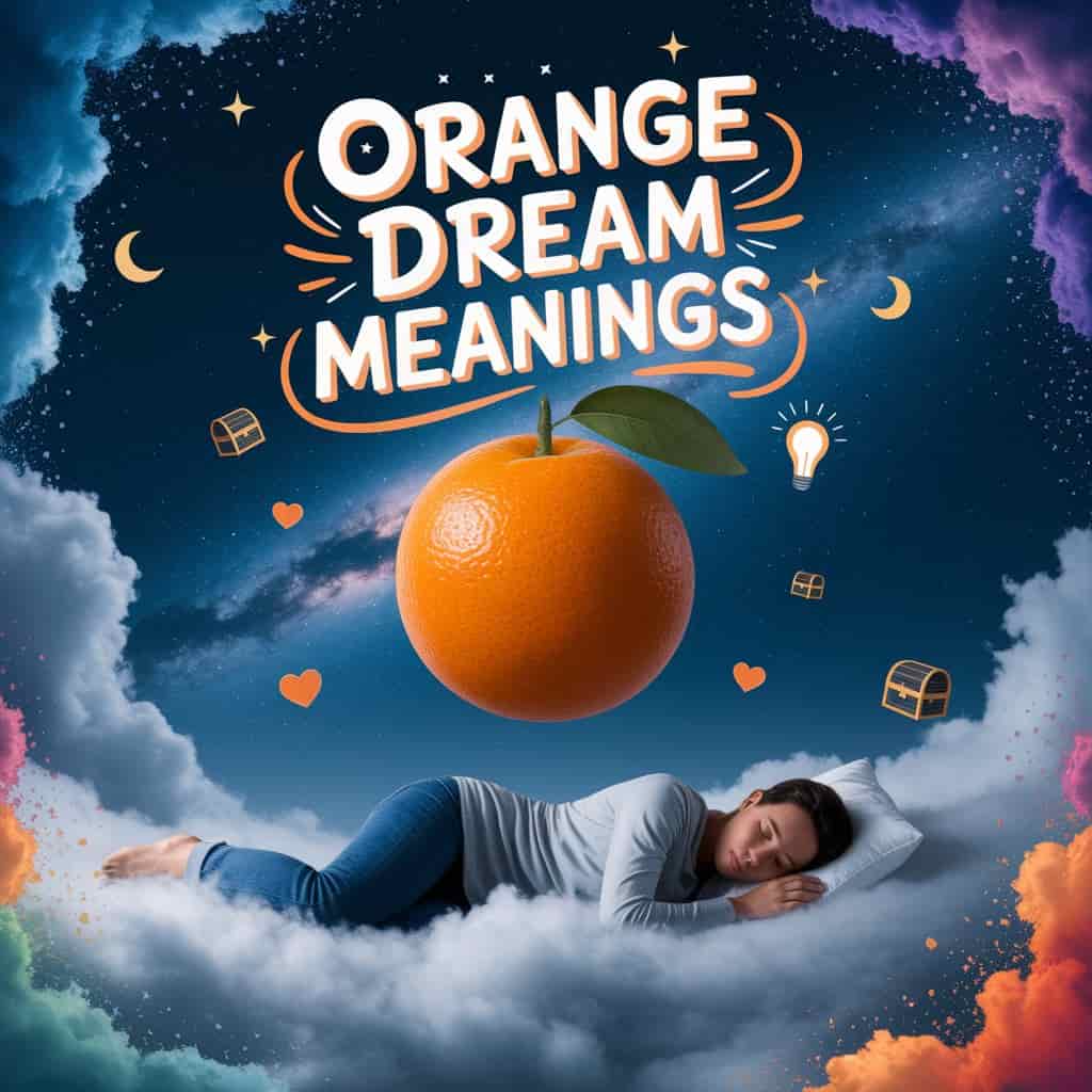 Cinematic scene illustration of a person sleeping on a cloud surrounded by mist, with a giant orange floating in a starry night sky, drifting hearts, lightbulbs, and treasure chests, text "Orange Dream Spiritual Meanings" in playful typography above, crescent moons and dream clouds around, visually representing dream interpretations with a sleeping person.