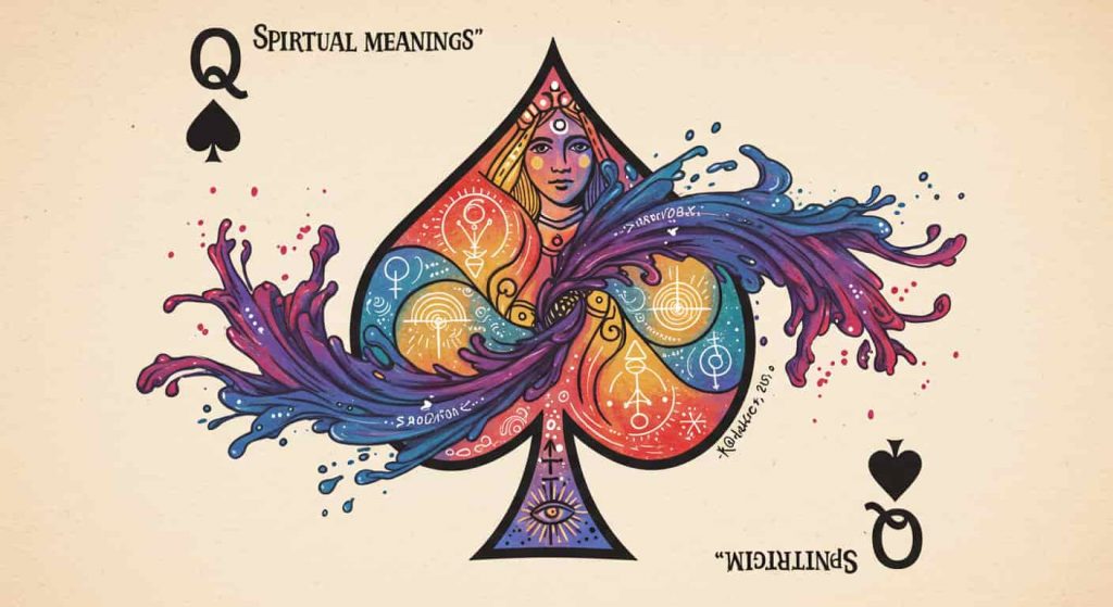 An abstract illustration for the "Spiritual Meanings" section depicts a vibrant ink swirl forming the shape of a Queen of Spades, with symbols of intuition, wisdom, and inner light interwoven within the design; the section title text, "Spiritual Meanings," is rendered in playful, colorful handwritten typography to enhance the symbolic theme.
