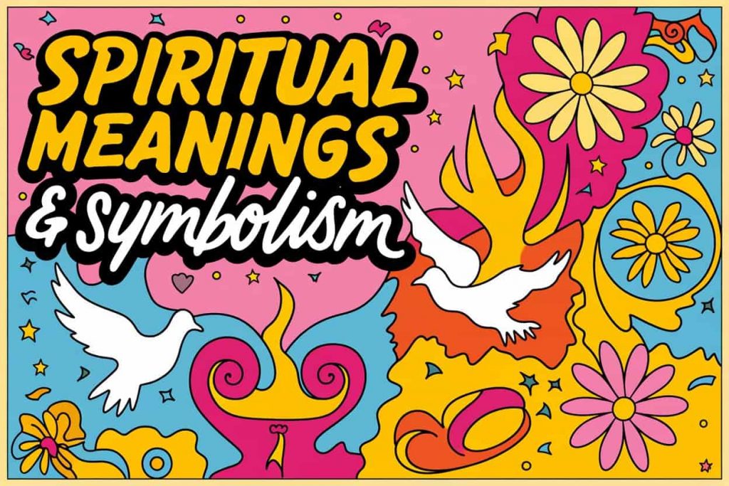 Pop art image in Peter Max style with "Spiritual Meanings & Symbolism" in playful typography. Collage includes stylized flames, doves, flowers, and mending hearts, representing symbolism of release, new beginnings, and healing from heartbreak using bright, contrasting colors.