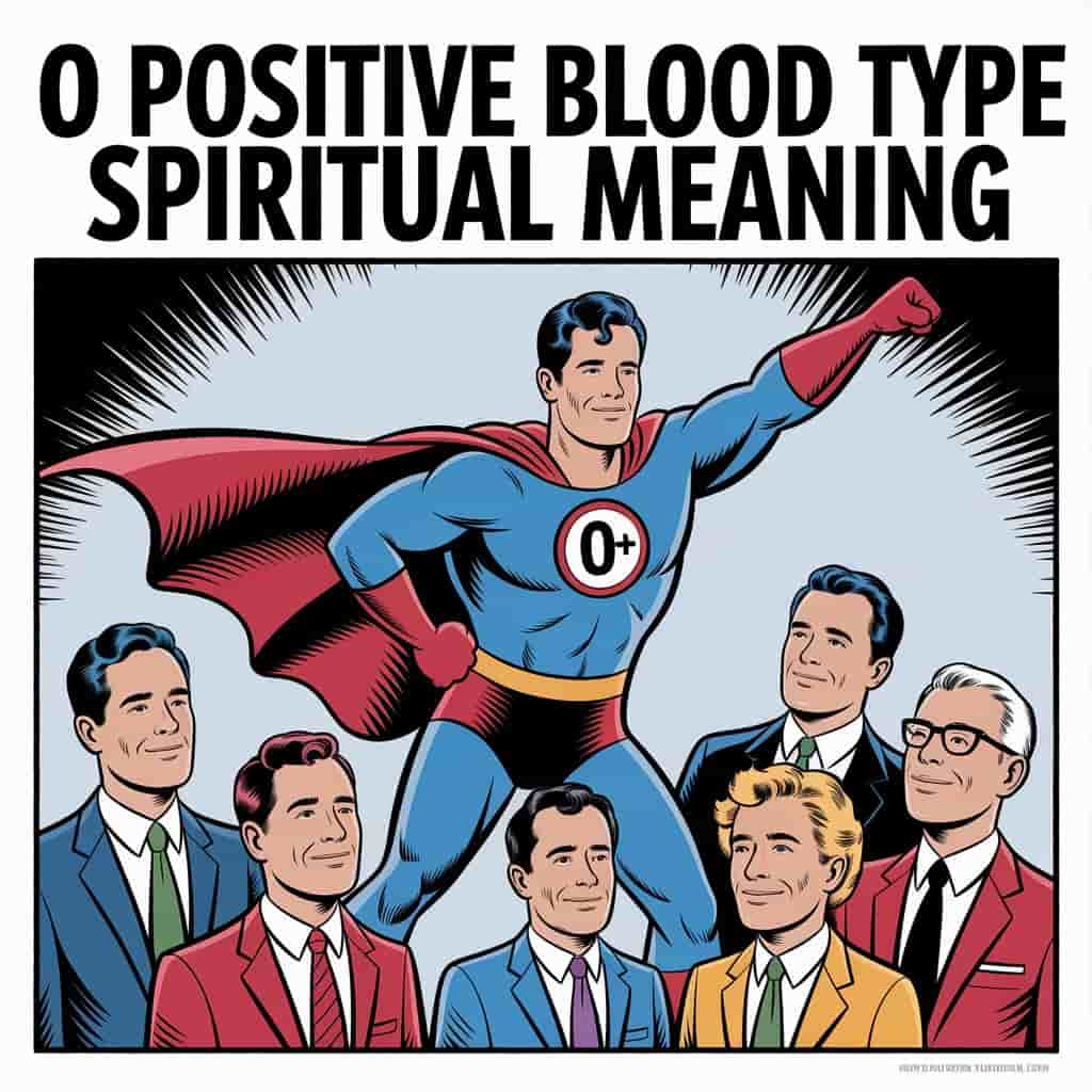 Newspaper-style cartoon depicting a superhero with an "O+" emblem comically granting vitality and leadership to confused citizens, under the bold heading "O POSITIVE BLOOD TYPE SPIRITUAL MEANING," rendered with classic comic strip bold lines and halftone shading.