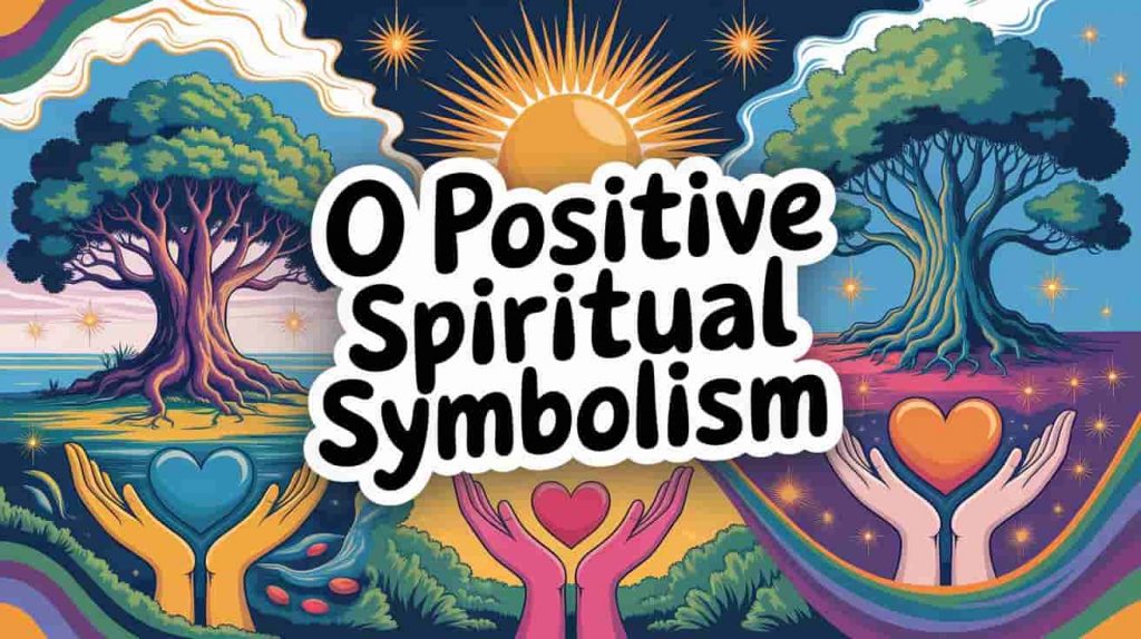 Surreal painting inspired by Dave Arredondo, Beeple, and Mark Ryden, showcasing symbols of universal life force, leadership, and positive traits associated with O Positive blood type, with the title text "Decoding O Positive Spiritual Symbolism" integrated within the colorful, imaginative scene.