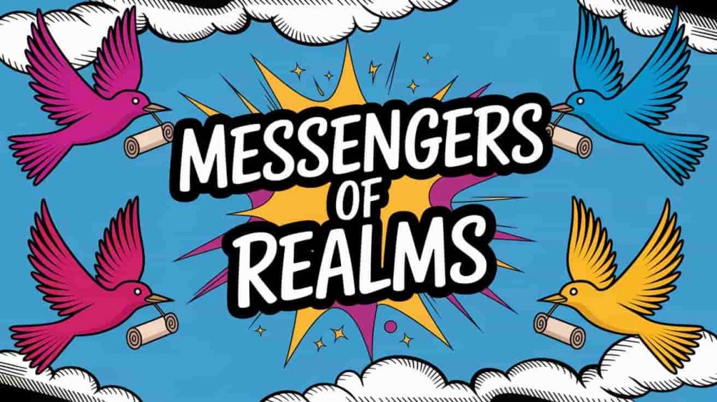 Vibrant pop art style image for "Spiritual Significance of Birds" section. Stylized birds in bright colors are depicted carrying scrolls and letters across a sky with comic-book style clouds. The phrase "Messengers of Realms" is shown in bold, playful typography.