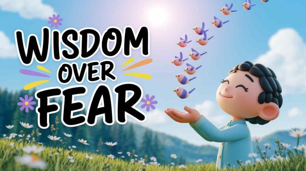 Pixar-style cinematic 3D cartoon for "Spiritual Significance: Releasing Fear, Wisdom" section. A cartoon character is gently releasing a flock of stylized birds from their hands into a bright, sunny sky, with a happy and peaceful expression. The text "Wisdom Over Fear" is shown above.