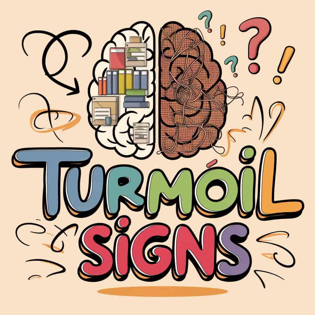 Comic graphic illustrating a brain divided into organized and chaotic halves, with arrows showing conflict, symbolizing signs of inner turmoil in dreams of being shot, using cartoonish elements and question marks to represent confusion.