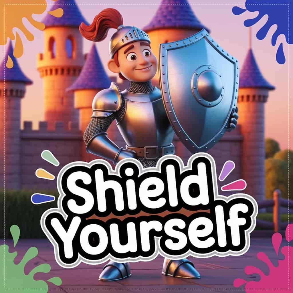 In a vibrant Pixar-style 3D cartoon image, a valiant cartoon knight in gleaming armor stands protectively, his large, ornate shield held aloft in a gentle yet resolute pose. The background features a stylized castle bathed in warm, inviting hues, with "Shield Yourself" written in playful, thick-lettered typography with colored outlines, adding a modern twist while maintaining a vintage charm. Colorful splashes and contextual elements like swords and banners are seamlessly integrated around the edges, enhancing the reassuring and protective theme of the design.