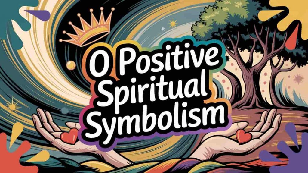 A captivating painting inspired by pop surrealism styles depicting a rich and symbolic scene representing universal life force, leadership, optimism, resilience, generosity, practicality, and nurturing energy. The title "Decoding O Positive Spiritual Symbolism" is presented in playful, colorful typography, seamlessly blending with the whimsical and symbolic imagery.