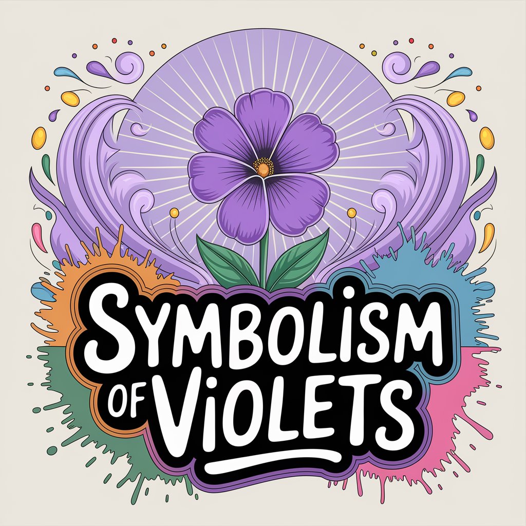 Abstract creative illustration in an exquisite style, featuring a vibrant, colorful violet flower in full bloom, with symbolic representations of spirituality and symbolism subtly woven into the background, including ethereal swirls and gentle light rays. The phrase "Symbolism of Violets" is displayed in a playful, vintage-modern typography style integrated into the floral design.