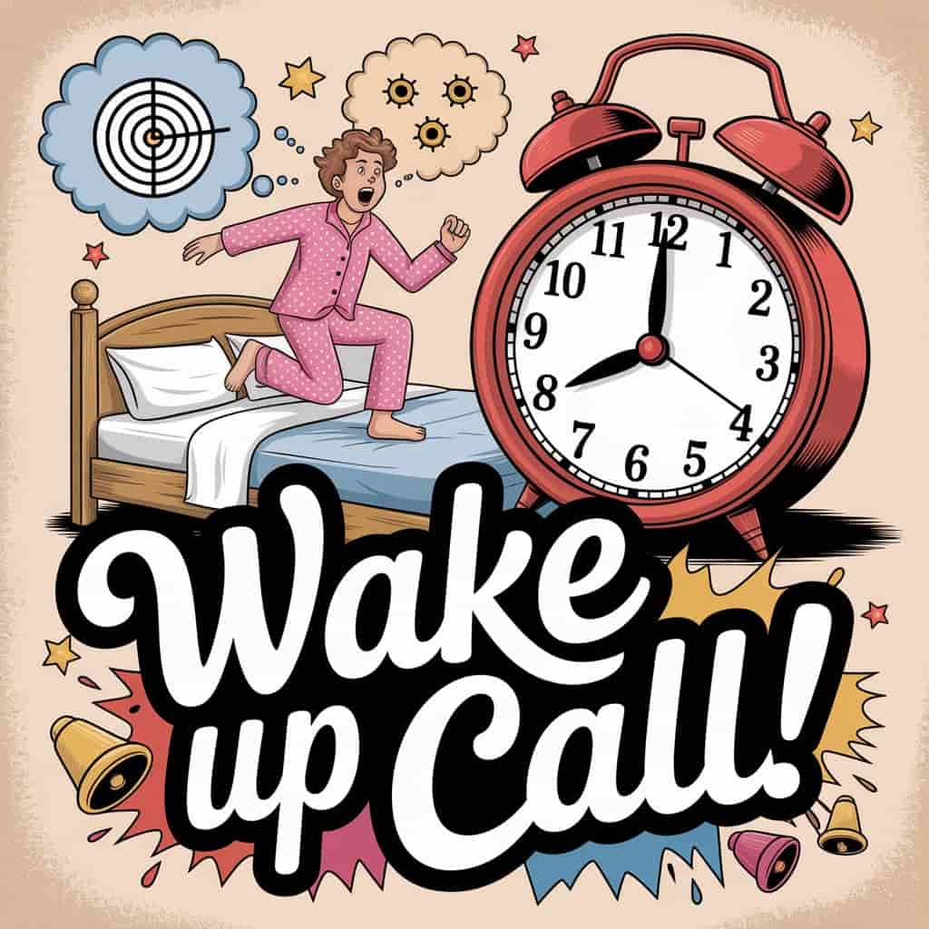 Newspaper cartoon graphic of a startled person jumping out of bed as an alarm clock rings, dream bubbles showing targets and bullet holes, symbolizing a shot dream as a spiritual wake-up call.
