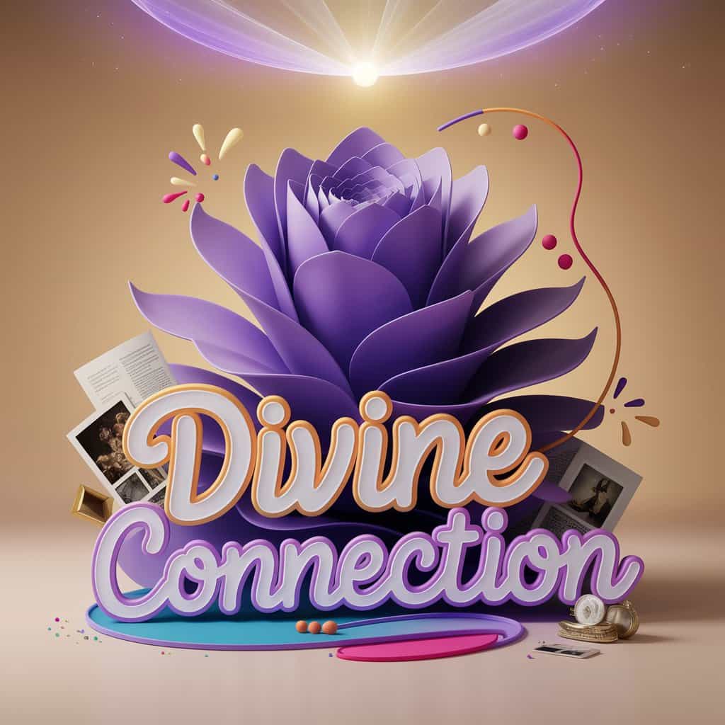 A captivating and conceptual 3D artwork that showcases a unique, multi-layered violet flower with petals that seem to ascend towards a softly glowing, ethereal light source from above, symbolizing divinity and spiritual connection. The phrase "Divine Connection" is artistically integrated into the image using playful, vintage-modern typography.