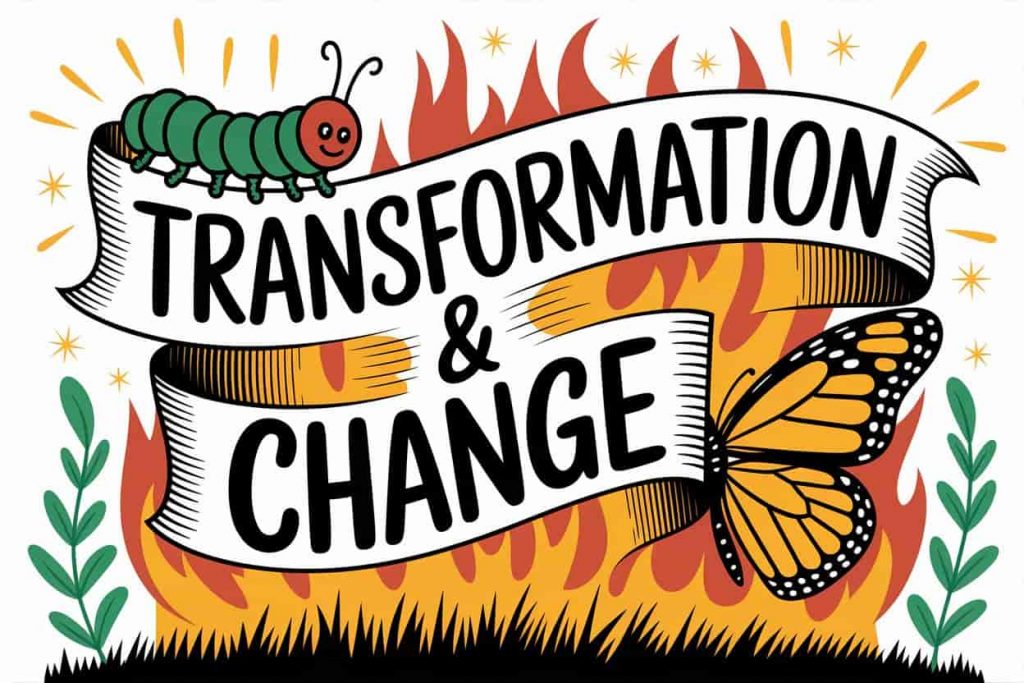 Editorial cartoon comic with "Transformation & Change" in playful typography on a butterfly banner. A caterpillar transforms into a butterfly amidst stylized flames, symbolizing positive change and renewal with vibrant greens, yellows, and oranges.