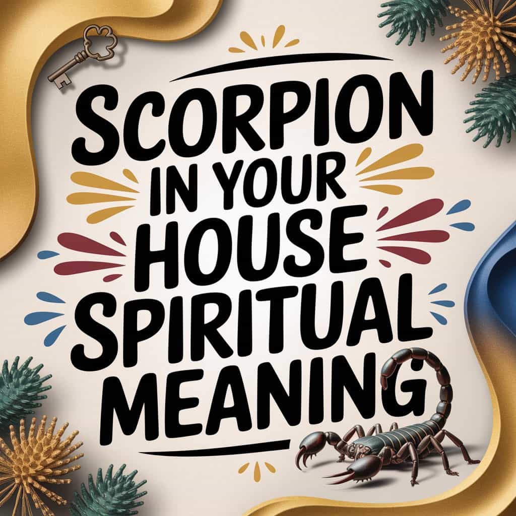 Visually striking 3D artwork featuring the text "Scorpion in Your House Spiritual Meaning" in playful crimson and gold typography, with a realistic scorpion resting on a vintage key amidst desert plants, conveying a fun and mysterious spiritual message.