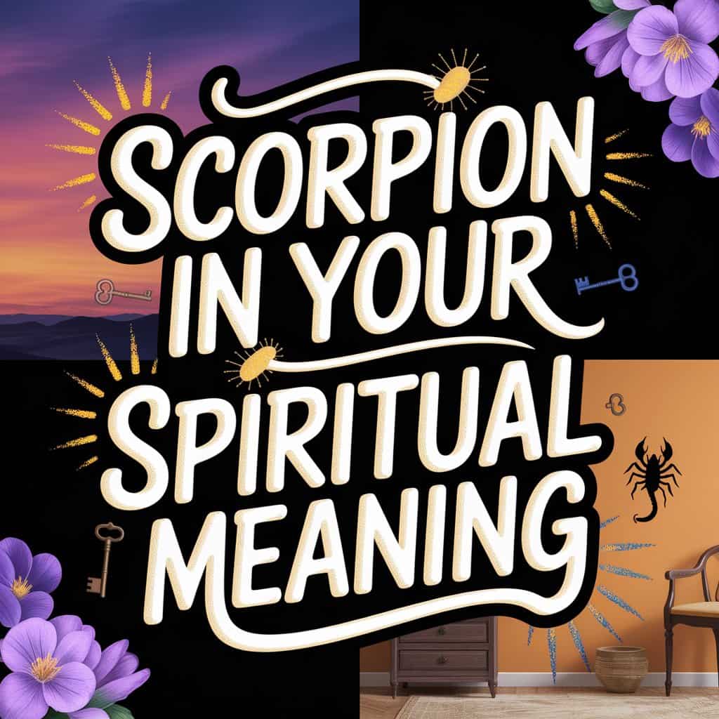 Visually striking and mystical digital artwork displaying the text "Scorpion in Your House Spiritual Meaning" in playful, handwritten-style typography with thick lettering and vibrant yellow outlines, set against a twilight-toned background. The text art features playful flourishes like decorative stingers and curved letters, accented with splashes of sunset orange, deep purple, and electric blue.  A realistic scorpion silhouette subtly blends into a warmly lit home interior scene, surrounded by photo-quality desert flowers and miniature vintage keys, creating a visually rich and informative image that merges modern digital artistry with vintage mystical charm, highlighting the insightful and fun theme of scorpion spiritual meanings in a home setting.
