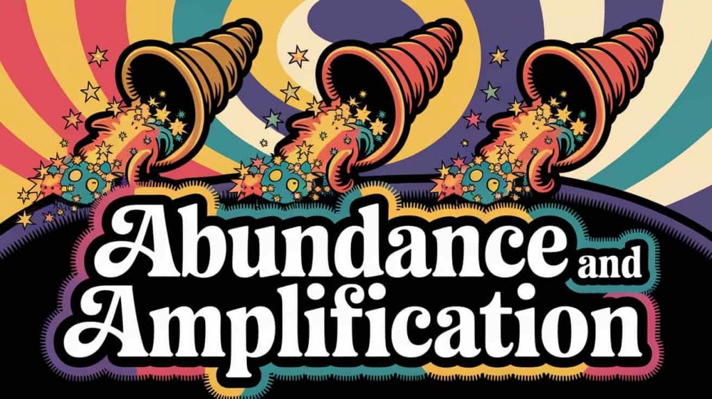A vibrant pop art image in Peter Max style depicts three cornucopias overflowing with stars, jewels, and light against a psychedelic cosmos, with "Abundance and Amplification" in playful handwritten typography below, bursting with color and symbolizing overflowing blessings and amplified potential.