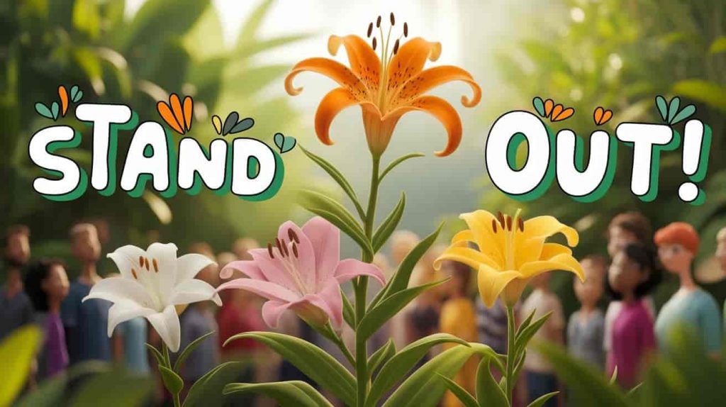A 3D cartoon shows a tiger lily standing out among a white, pink, and yellow lily in a sunny garden. The text "Stand Out!" is handwritten on the image. This image represents the unique symbolism of the tiger lily compared to other lilies.