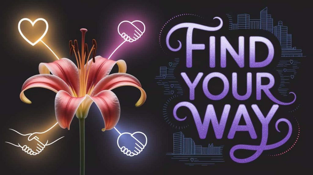 A cinematic image features a tiger lily in the foreground with blurred symbols of hearts, clasped hands, and a cityscape in the background. The text "Find Your Way" is handwritten on the image. This image symbolizes the tiger lily's meaning in love, relationships, and career.