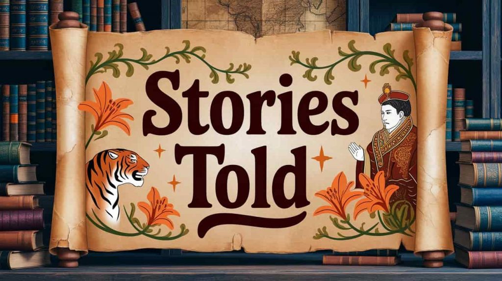 A rustic image shows an old scroll with drawings of tiger lilies, a tiger's head, and a regal figure. The background includes old books and maps. The text "Stories Told" is handwritten on the image. This image represents the mythological and folkloric connections of the tiger lily.