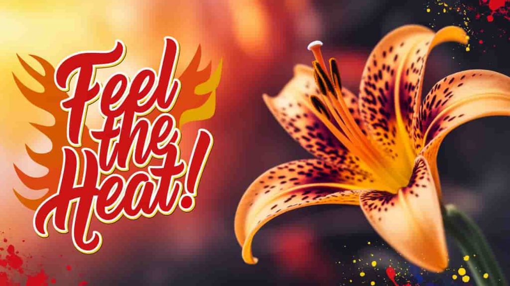 A cinematic close-up shows a vibrant orange tiger lily seemingly radiating light against a blurred background of warm colors. The text "Feel the Heat!" is playfully handwritten on the image. This image represents the passion and energy symbolized by the tiger lily.