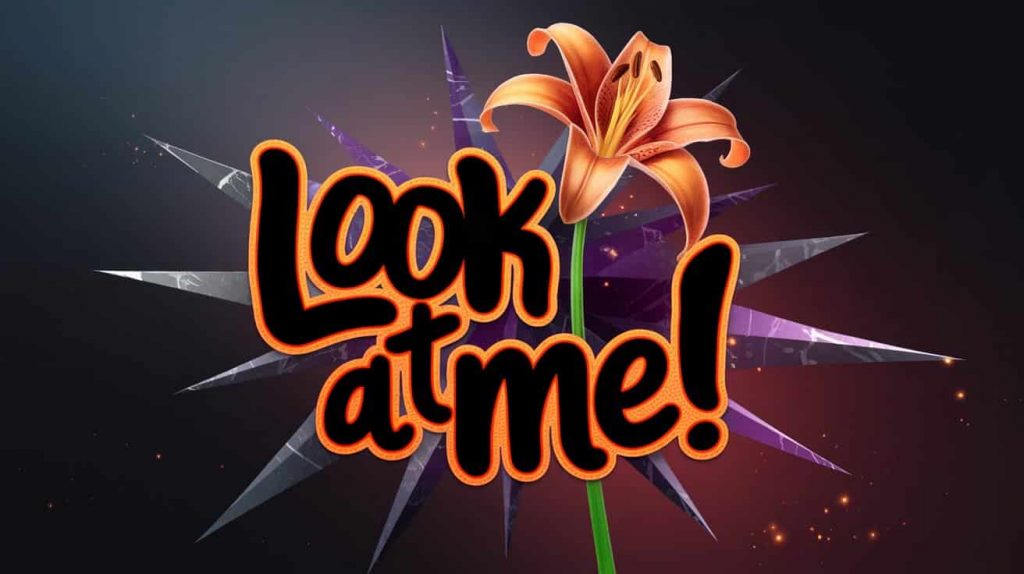 A dark fantasy 3D rendering shows a single, bold orange tiger lily standing out against a dark, misty background. The text "Look at Me!" is playfully handwritten on the image. This image represents the pride and boldness associated with the tiger lily.