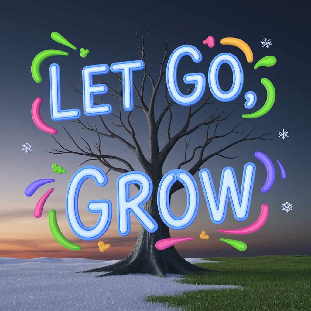 Dark fantasy 3D render of a barren winter tree with new shoots emerging, set in a landscape transitioning to spring, symbolizing transformation and rebirth through letting go, as a spiritual meaning of shot dreams.