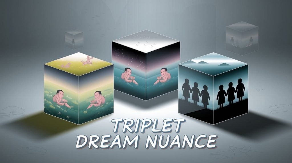 A captivating 3D Ukiyo-e and dark fantasy rendering features layered translucent cubes with light and shadow play, representing nuance, against a blurred misty background, with "Triplet Dream Nuance" in subtle handwritten typography below, using muted grays and blues to evoke contemplation and the complexities of dream interpretation.