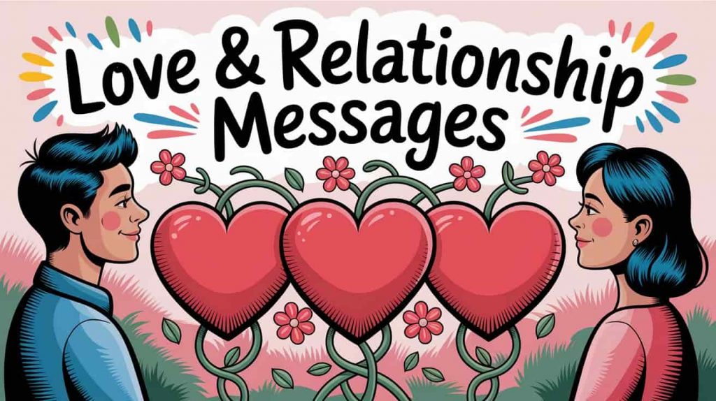 An editorial cartoon style image displays three hearts intertwined with flowers and vines, symbolizing triplets in love and relationships, with two figures looking at them affectionately in a soft, pastel landscape, and "Love & Relationship Messages" in gentle handwritten typography above, conveying warmth and relational growth.

