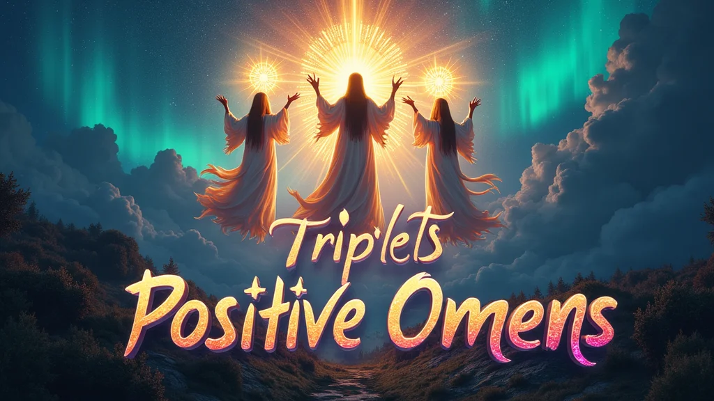 A striking 3D dark fantasy painting portrays celestial triplets descending from a vibrant aurora sky, showering blessings and light upon a landscape, with "Triplets Positive Omens" in bold handwritten typography below, utilizing vibrant aurora colors against dark earth tones to symbolize divine blessings and positive forecasts.