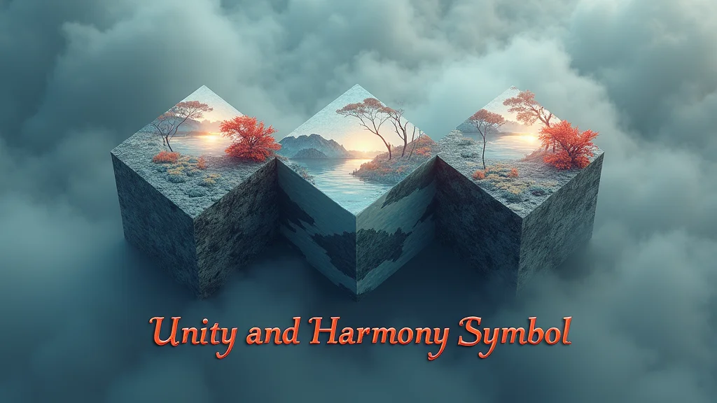 A captivating 3D Ukiyo-e and dark fantasy rendering features three interconnected cubes with serene landscape faces, enveloped in mist, symbolizing unity, with "Unity and Harmony Symbol" in elegant handwritten typography below, using muted blues, grays, and crimson to blend Japanese art with mystical dark fantasy.