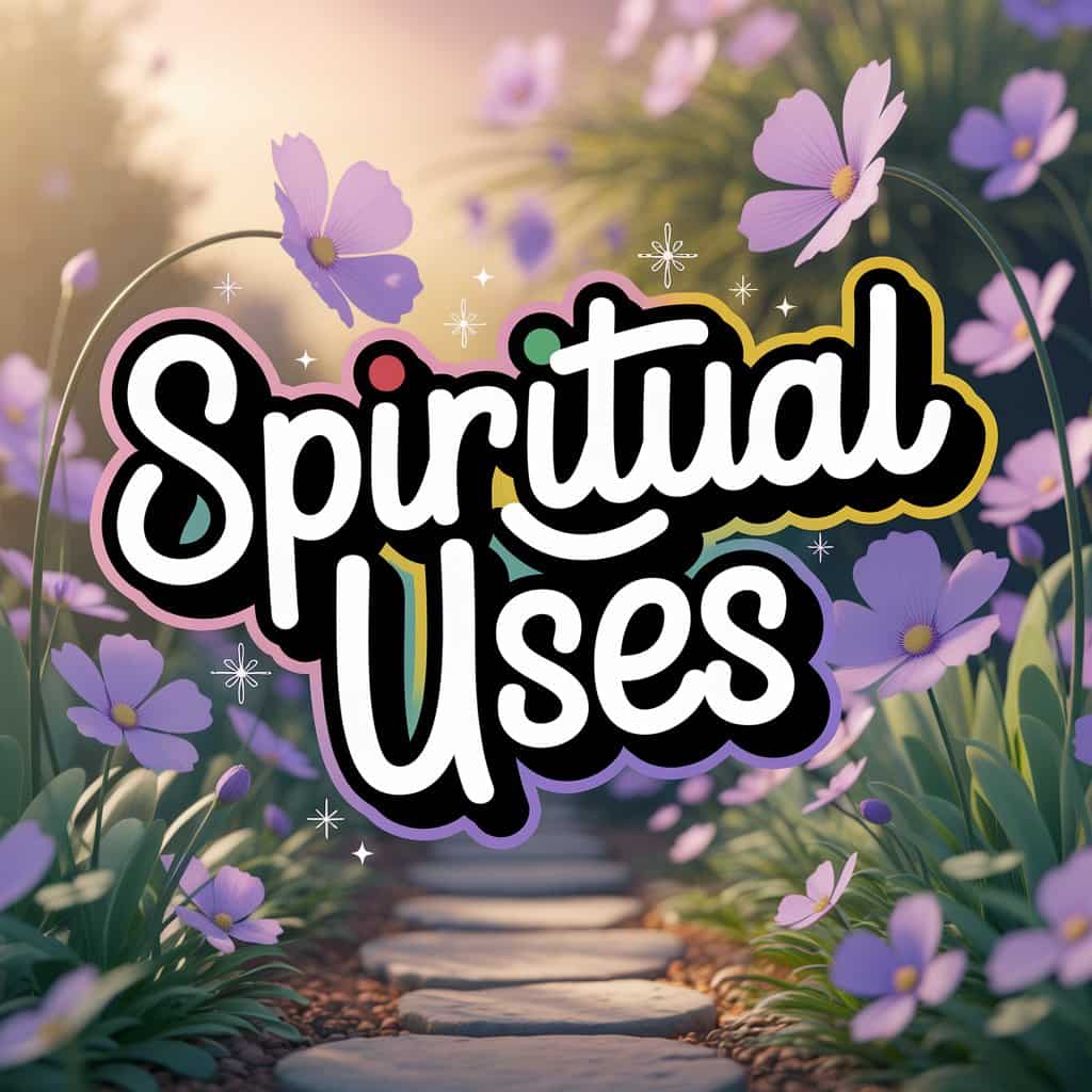 A Pixar-style cinematic 3D cartoon depicting various subtle ways violet flowers are used in spiritual practices, such as in a peaceful garden setting, with gentle light highlighting the flowers and surrounding elements. The phrase "Spiritual Uses" is subtly placed using playful, vintage-modern typography.