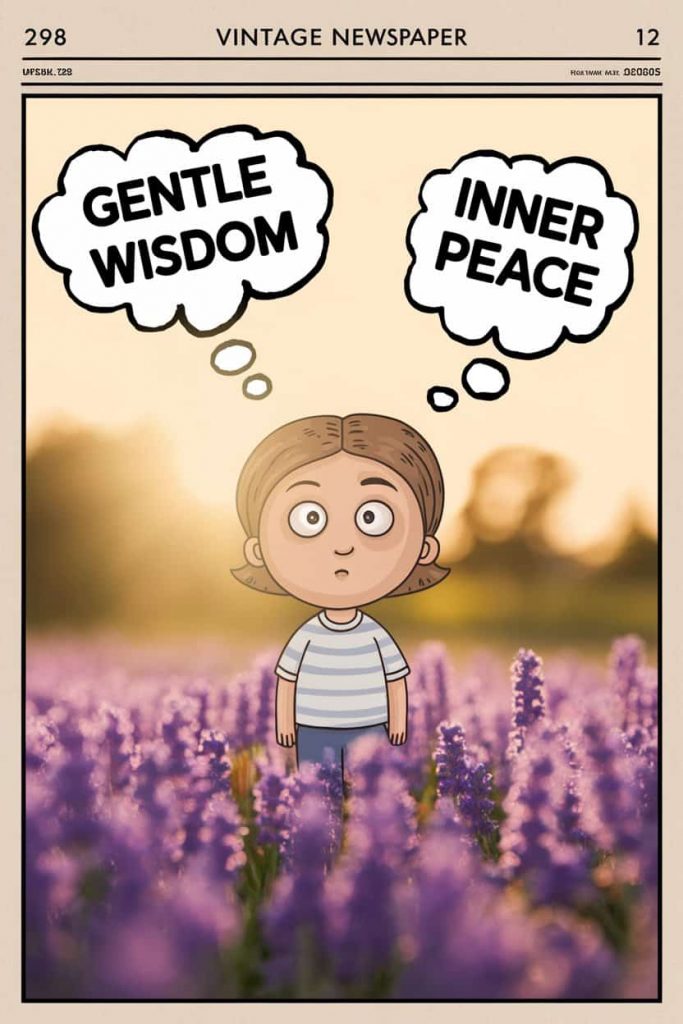 Newspaper cartoon graphic illustrating "Violet Flower Spiritual Meaning" with a person thinking "Gentle Wisdom" and "Inner Peace" amidst realistic violet flowers.