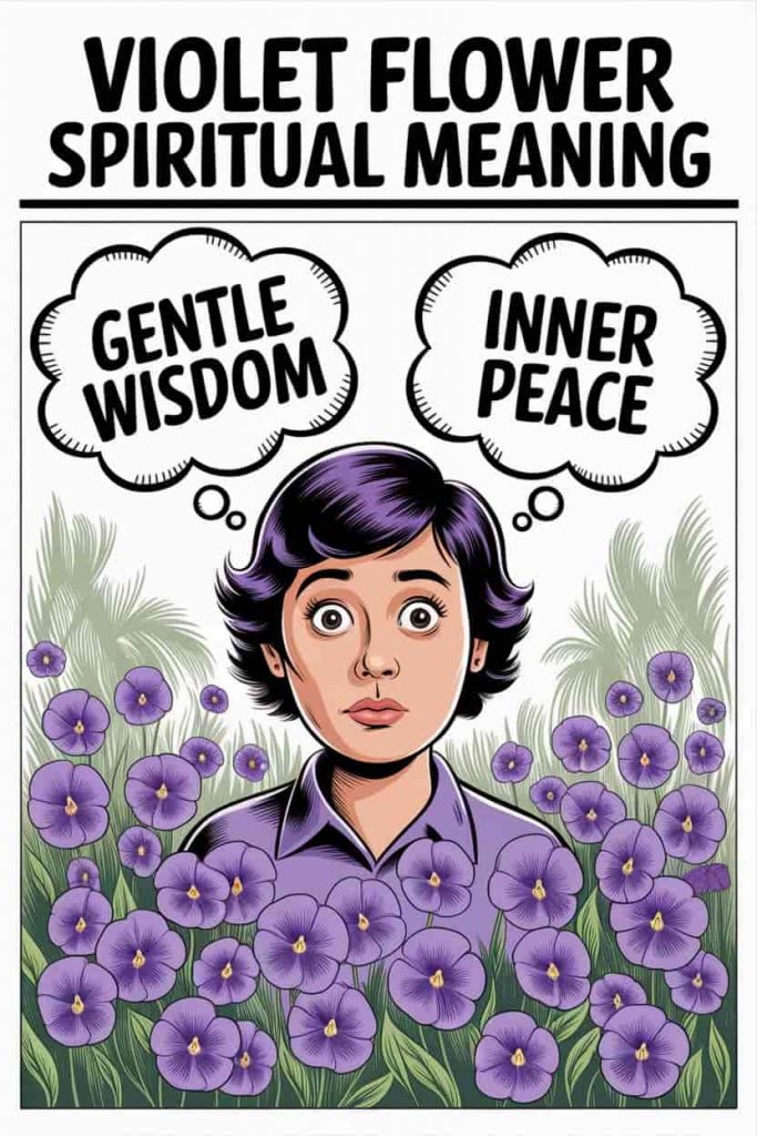 Newspaper comic cartoon of "Cartoon Violet Meaning Spiritual Flower" for newspaper, showing a person pondering spiritual concepts among photorealistic violets.