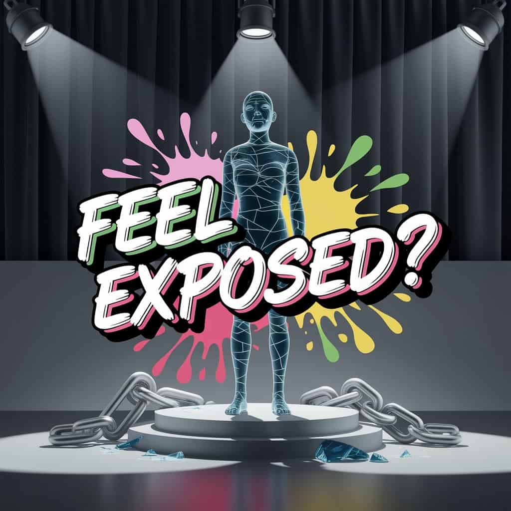 Conceptual 3D artwork of a fragile glass figure on a pedestal under harsh spotlights, cracks appearing, symbolizing vulnerability and feeling exposed as related to the spiritual meaning of shot dreams, using stark and impactful imagery.
    
