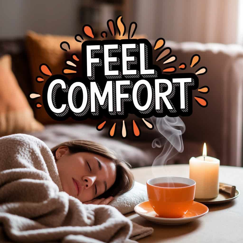 Rustic photograph in Alexander Brook style of a person sleeping peacefully on a sofa in a warm room, warm orange tea and candle in background, blurred living room, text "Feel Comfort" in playful typography above, stylized flames and cozy patterns around, visually representing warmth and comfort symbolized by orange dreams with a sleeping person.