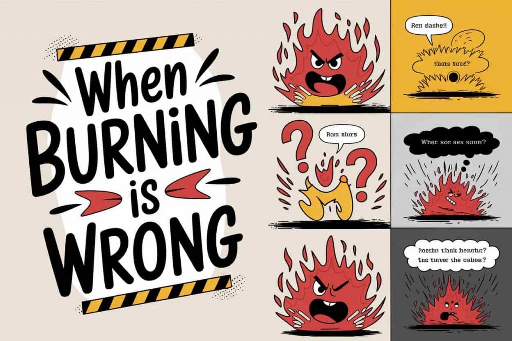Editorial cartoon comic with "When Burning is Wrong" in playful typography on a caution sign. Panels depict anger-fueled burning, pressured burning, and conflicted destructive behavior, illustrating unsuitable situations using cautionary reds, yellows, and stormy grays.