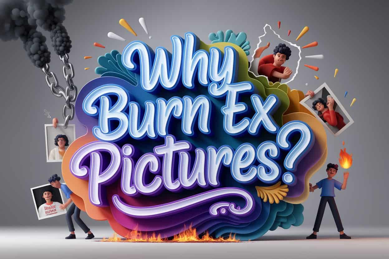 Conceptual 3D artwork with "Why Burn Ex Pictures?" in playful typography. Vignettes show release from emotional baggage, achieving closure, and reclaiming power, symbolizing motivations for burning ex-pictures using diverse emotional hues and symbolic elements.